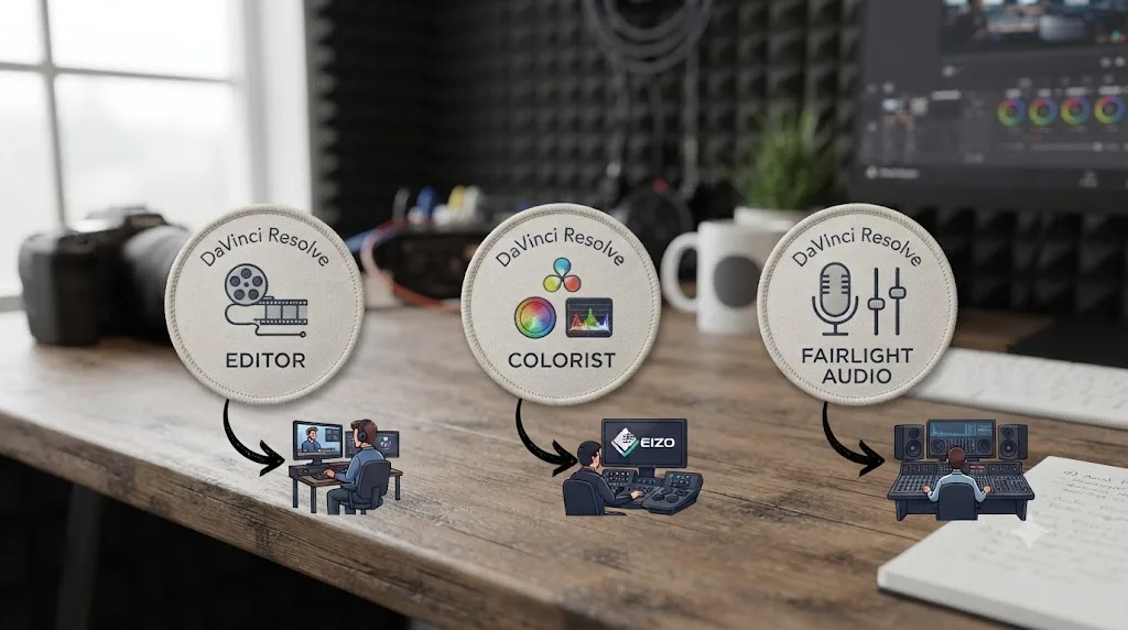 Illustration of three DaVinci Resolve certification track badges each connected to the type of job they best support