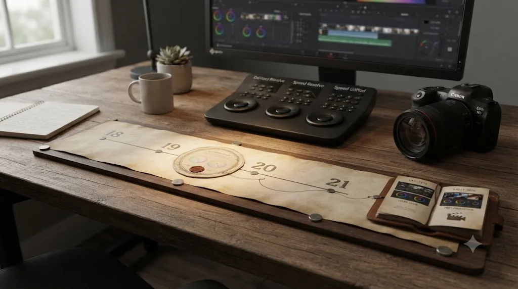 Illustration of a DaVinci Resolve version timeline with a certificate icon anchored partway along and a current portfolio project at the end