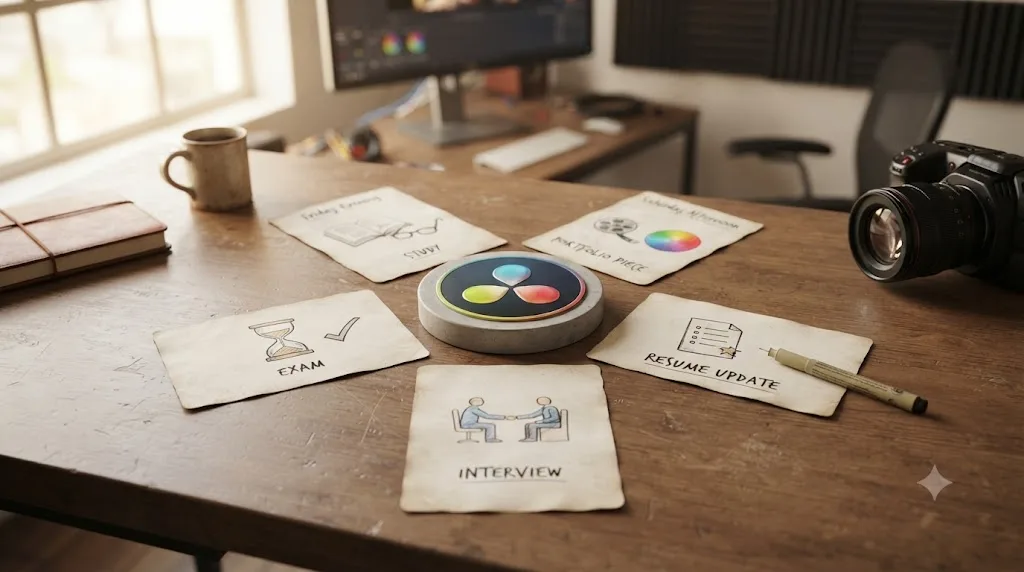 Illustration of a five-step weekend checklist for earning a DaVinci Resolve certificate alongside a portfolio piece