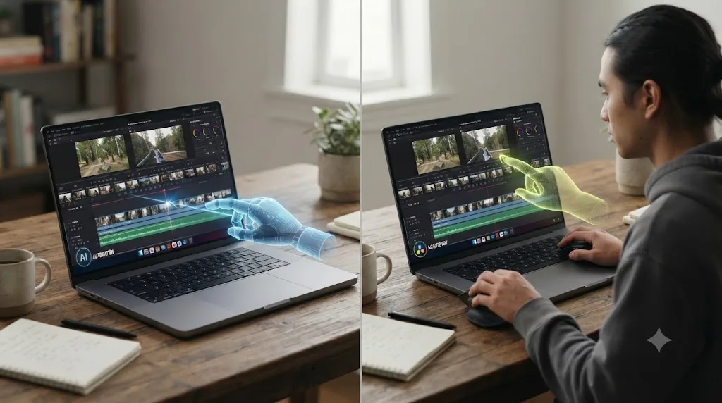 Illustration contrasting an automated AI editing tool cutting a timeline alone with an assistant pointing at a control while a person edits themselves