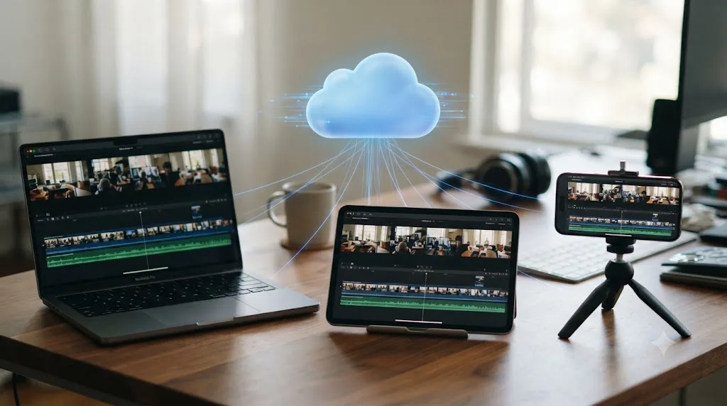Illustration of a cloud icon syncing a video editing project across a laptop, tablet, and phone