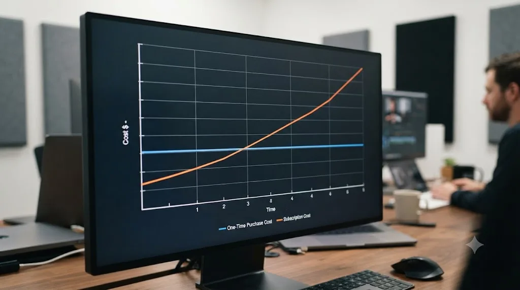Illustration of a line graph comparing a flat one-time purchase cost against a rising subscription cost over five years