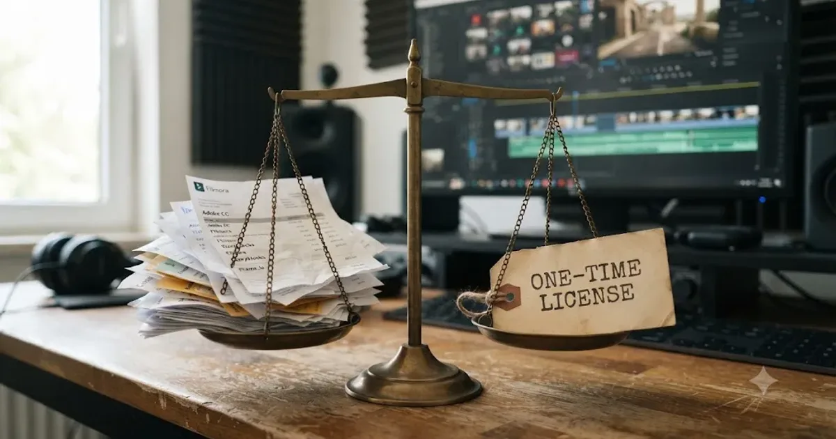 Illustration of a subscription price tag and a one-time purchase price tag balanced on a scale beside a video editing timeline