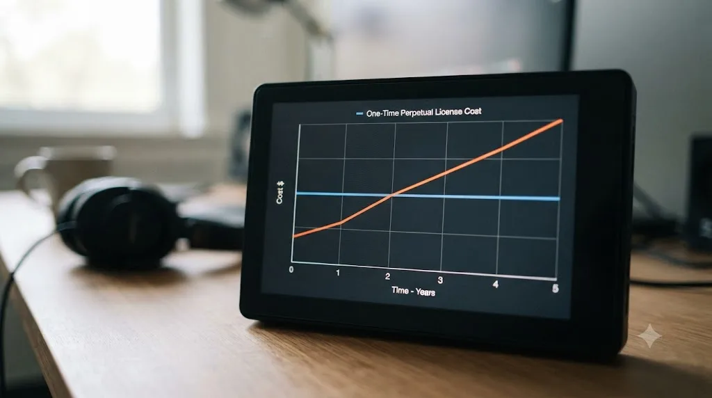 Illustration of a small line graph showing a subscription cost line crossing over a flat perpetual license cost line around year two
