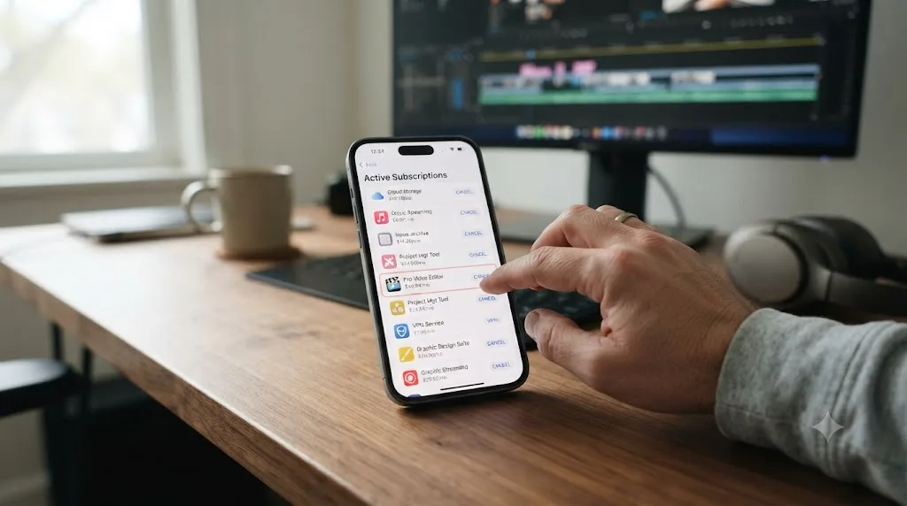 Illustration of a hand hovering over a phone screen showing a long list of active subscriptions being reviewed for cancellation