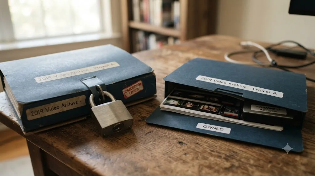Illustration comparing a locked folder of video project files under a lapsed subscription against an unlocked folder under a one-time purchase