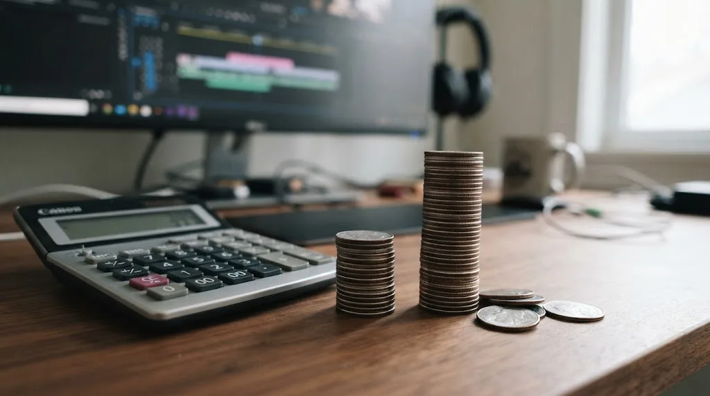 Illustration of a calculator beside two coin stacks, one fixed and one still growing, representing a freelance editor's software costs
