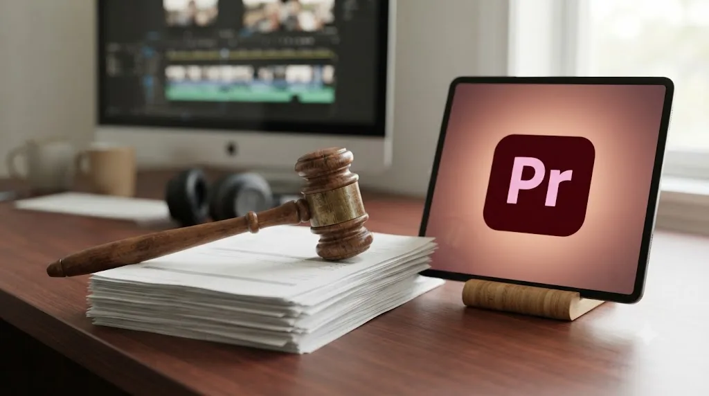 Illustration of a gavel resting on a stack of subscription invoices beside a video editing app icon, representing a regulatory settlement