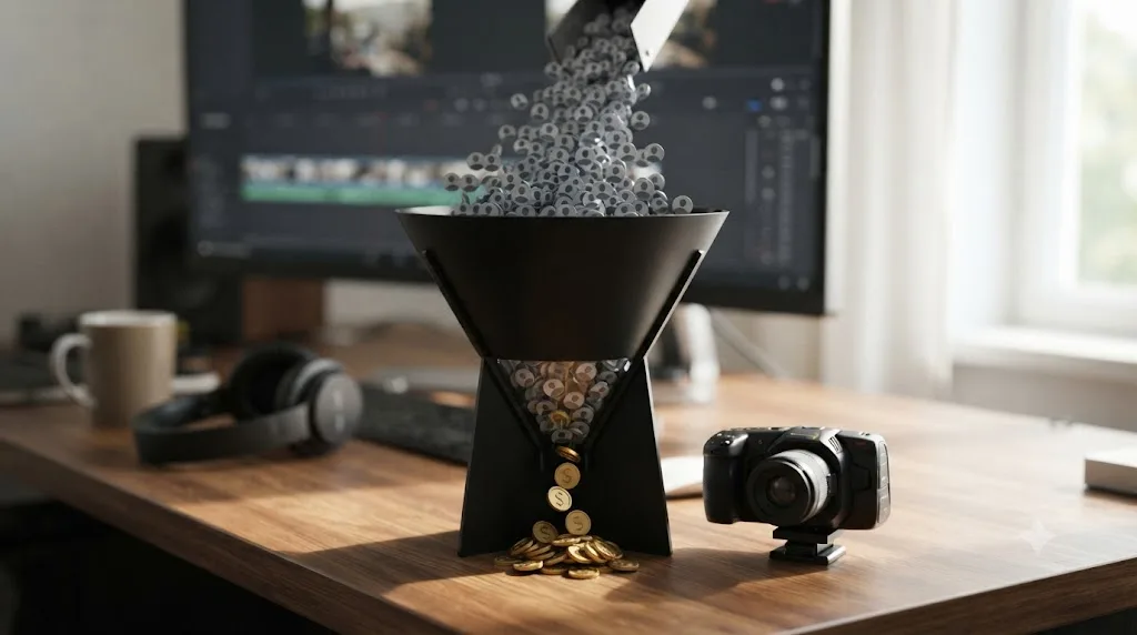 Illustration of a funnel showing many free DaVinci Resolve users at the top narrowing to fewer Studio purchasers connected to Blackmagic hardware