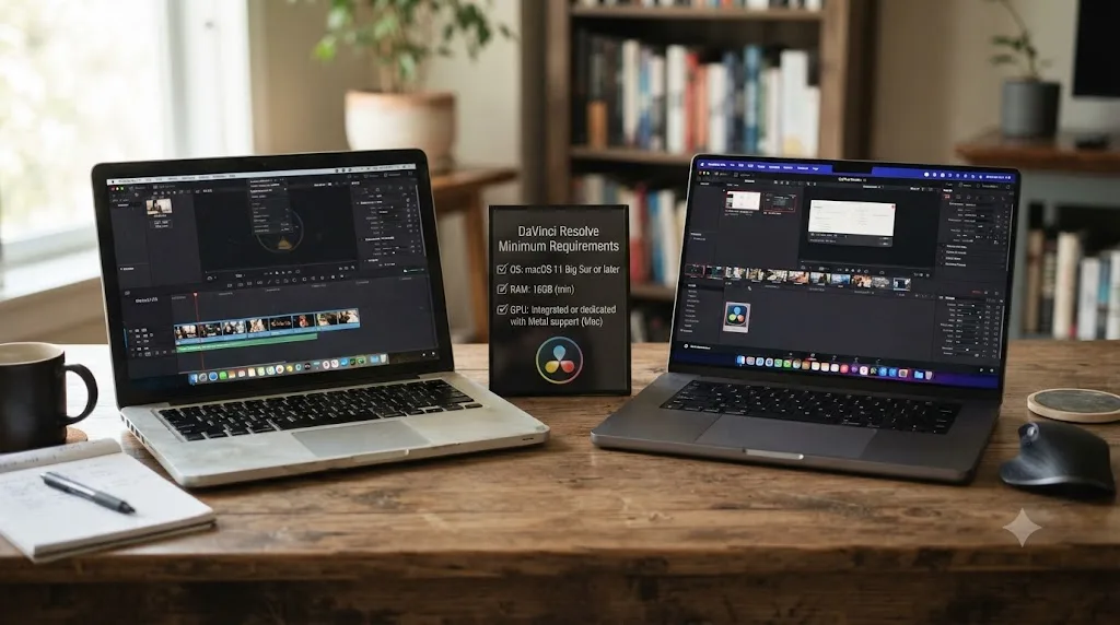 Illustration of an older laptop next to a newer laptop with a DaVinci Resolve icon and a checklist of minimum hardware requirements