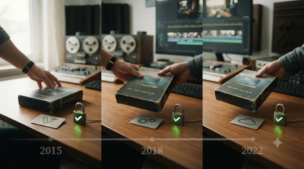 Illustration of a video editing software license changing ownership between three companies over time while still working