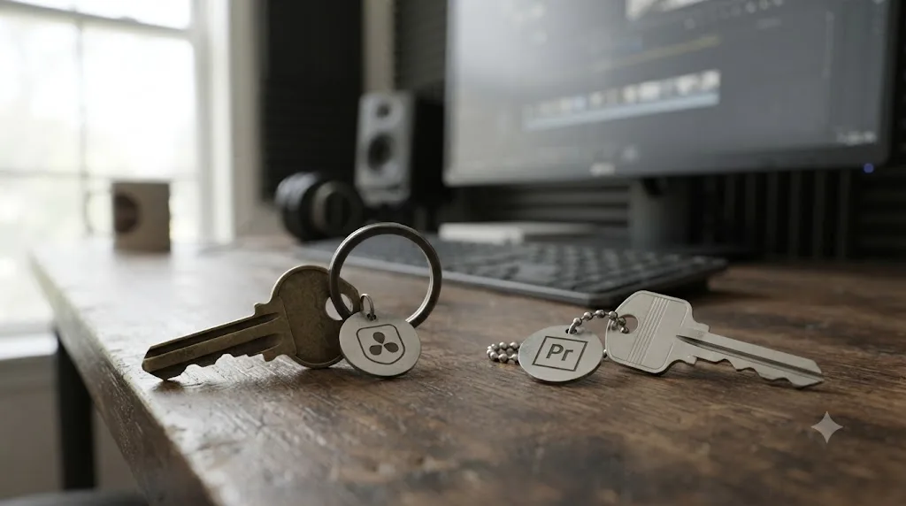 Illustration contrasting an owned key representing a one-time purchase with a rented key representing a subscription video editor