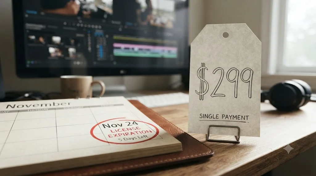 Illustration of a calendar counting down to a license expiration date next to a single-payment price tag