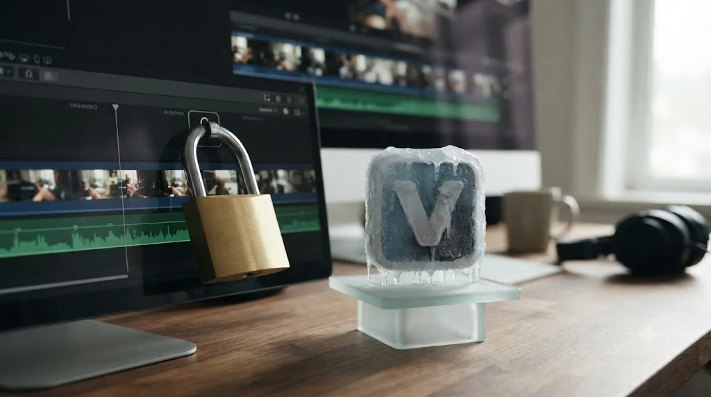 Illustration contrasting a locked-out subscription video editor with a frozen, feature-locked perpetual license