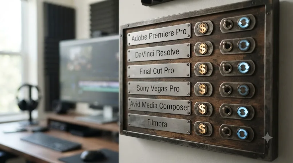 Illustration of a scoreboard comparing six video editors by one-time purchase versus subscription pricing model
