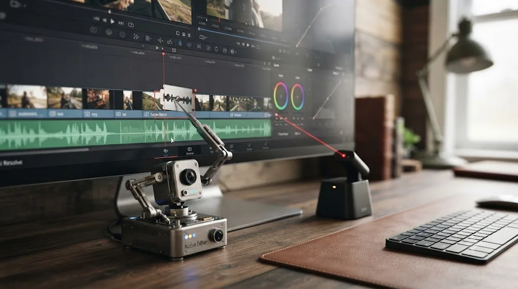 Illustration contrasting an AI editing agent actively cutting a DaVinci Resolve timeline with a separate assistant icon that only points at a control