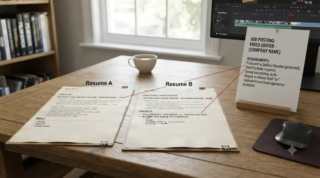 Illustration of two resumes, one with an unrelated bachelor's degree and one with a DaVinci Resolve reel link, both aimed at the same job listing