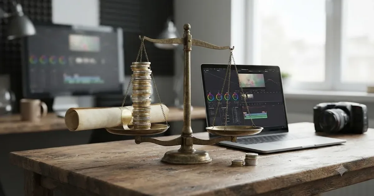 Illustration of a diploma and a DaVinci Resolve timeline on opposite sides of a scale, weighing a video editing degree against self-taught skills