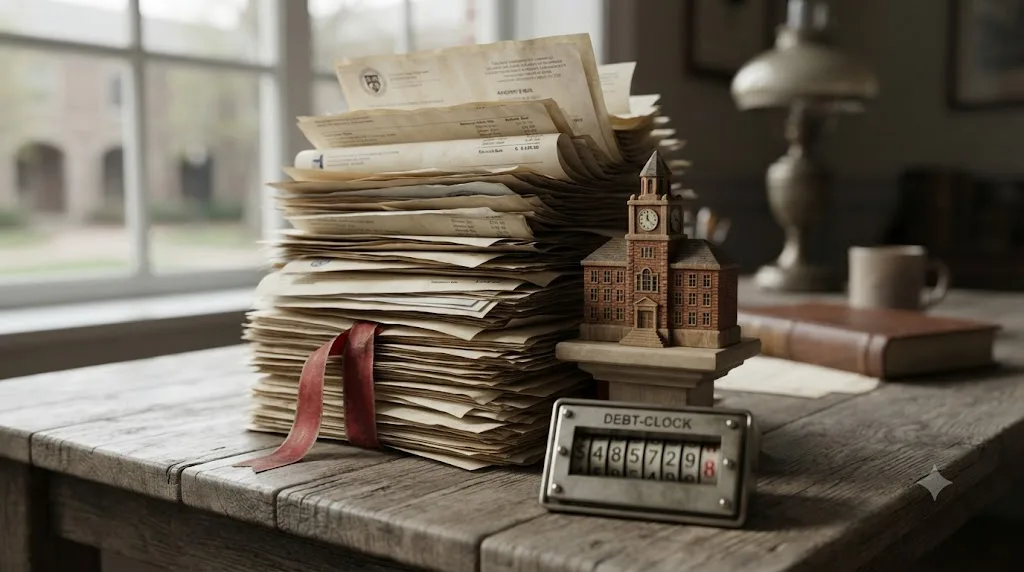 Illustration of a rising stack of tuition bills and student loan paperwork next to a university building icon