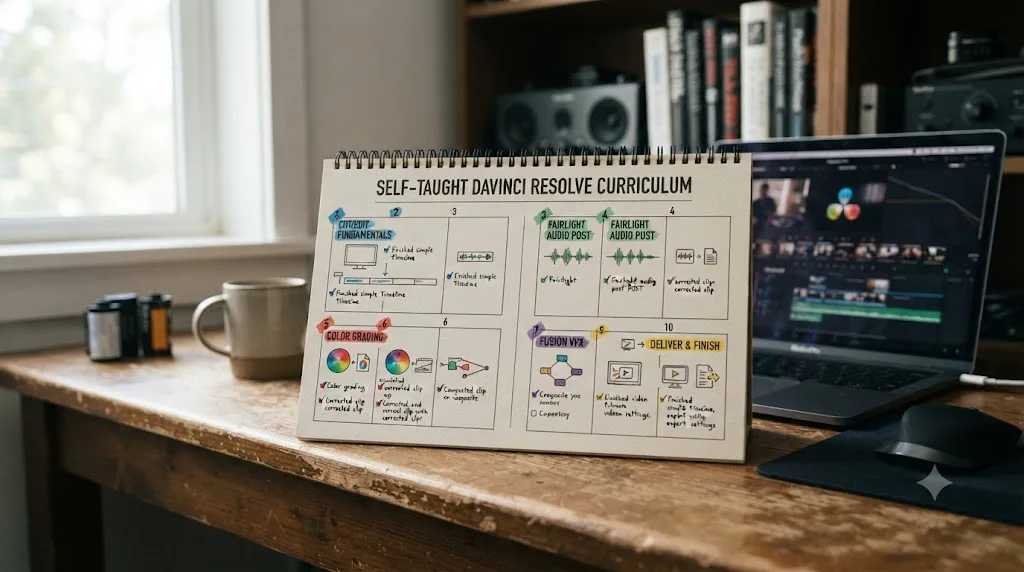 Illustration of a ten-week calendar showing milestones for Cut/Edit, Fairlight, Color, Fusion, and Deliver stages of self-taught learning