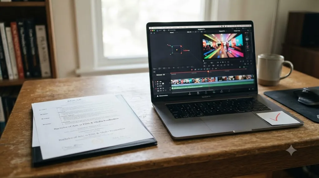 Illustration of a hiring manager's desk comparing a resume with a degree certificate to a laptop playing a video editing reel