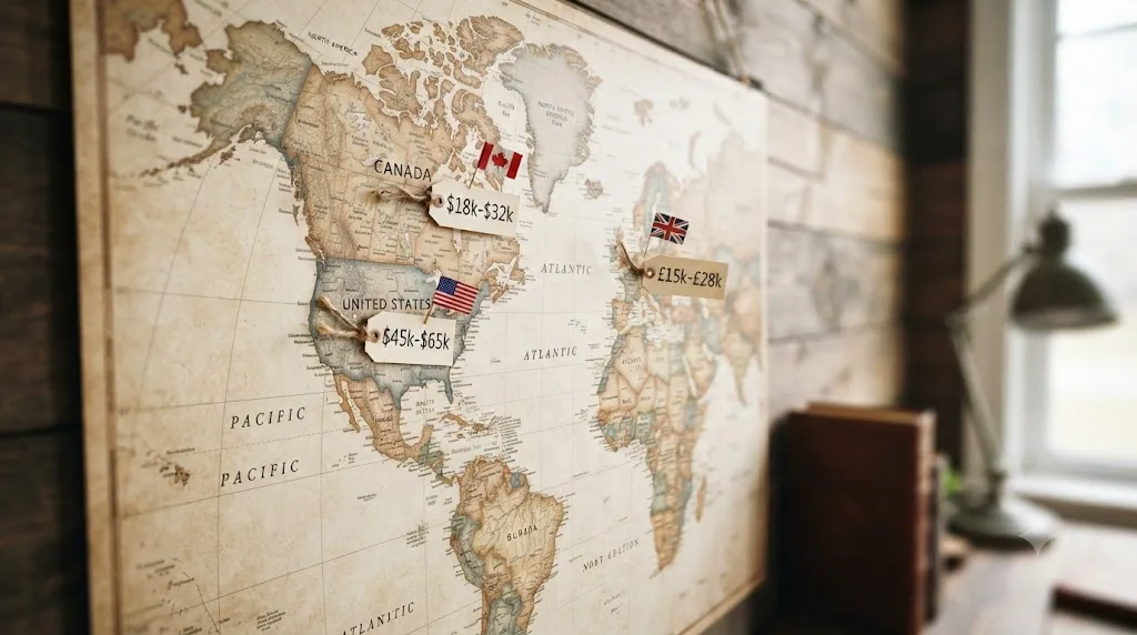 Illustration of a world map highlighting the US, UK, and Canada, each with a small tuition price tag icon