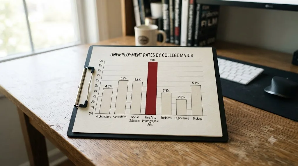 Illustration of a bar chart comparing unemployment rates across college majors with film, video, and photographic arts as the highest bar