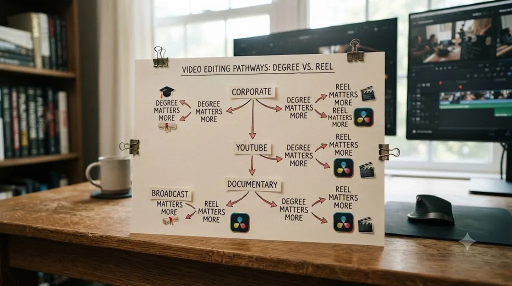 Illustration of a branching decision tree showing different video editing job types and whether a degree or a reel matters more for each
