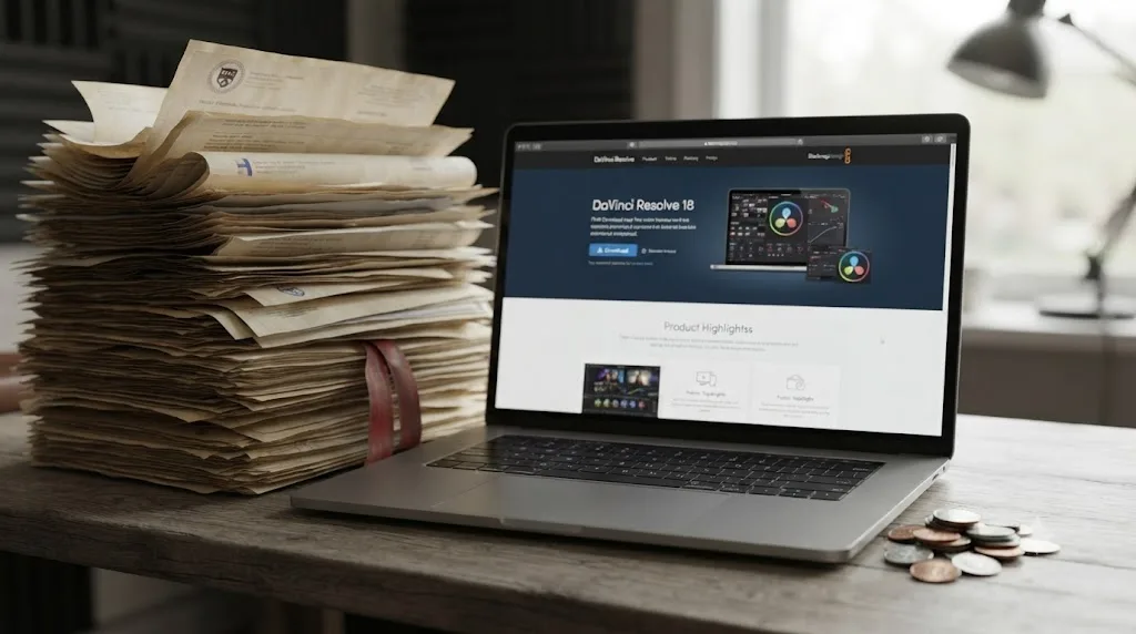 Illustration of a laptop showing a free DaVinci Resolve download next to a small pile of coins, contrasted with a large stack of tuition bills