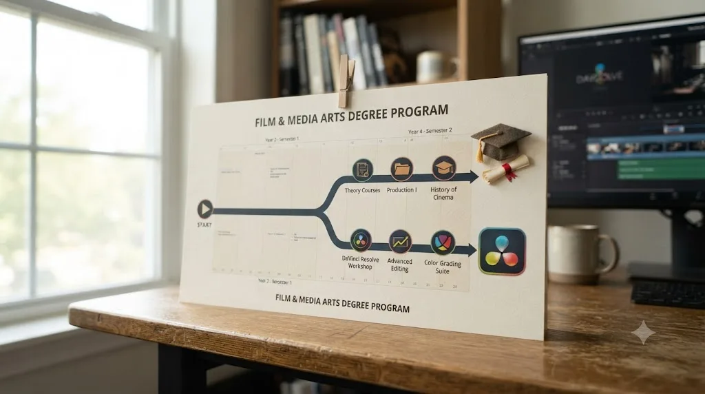 Illustration of a timeline calendar forking partway through a film degree, one path leading to a graduation cap and the other to a DaVinci Resolve icon