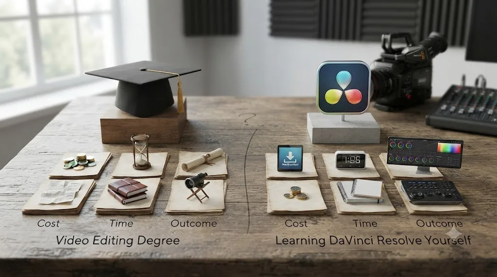 Illustration of a side-by-side comparison chart contrasting a graduation cap path with a DaVinci Resolve self-teaching path