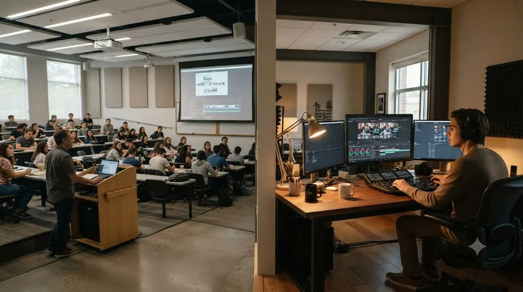 Illustration comparing a film school lecture hall to a person editing their own footage inside DaVinci Resolve