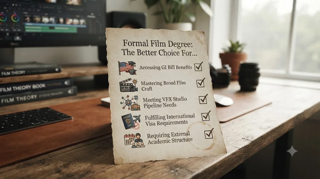 Illustration of a checklist showing scenarios where a formal film degree is the better choice, each with a small icon