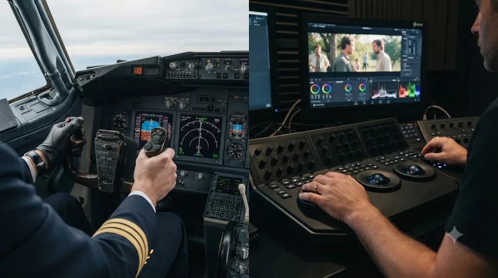Illustration comparing a pilot's hand on a flight control yoke and a colorist's hand on a color panel
