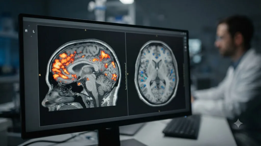Illustration of two brain scans side by side representing different levels of engagement when using AI assistance