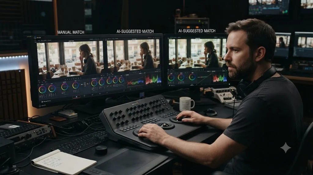 Illustration of a colorist comparing a manual color match against an AI-suggested match on two monitors