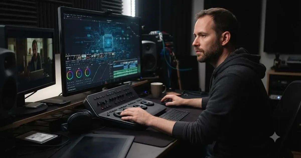 Illustration of an editor at a DaVinci Resolve timeline with a faint AI circuit pattern overlaid on their hands