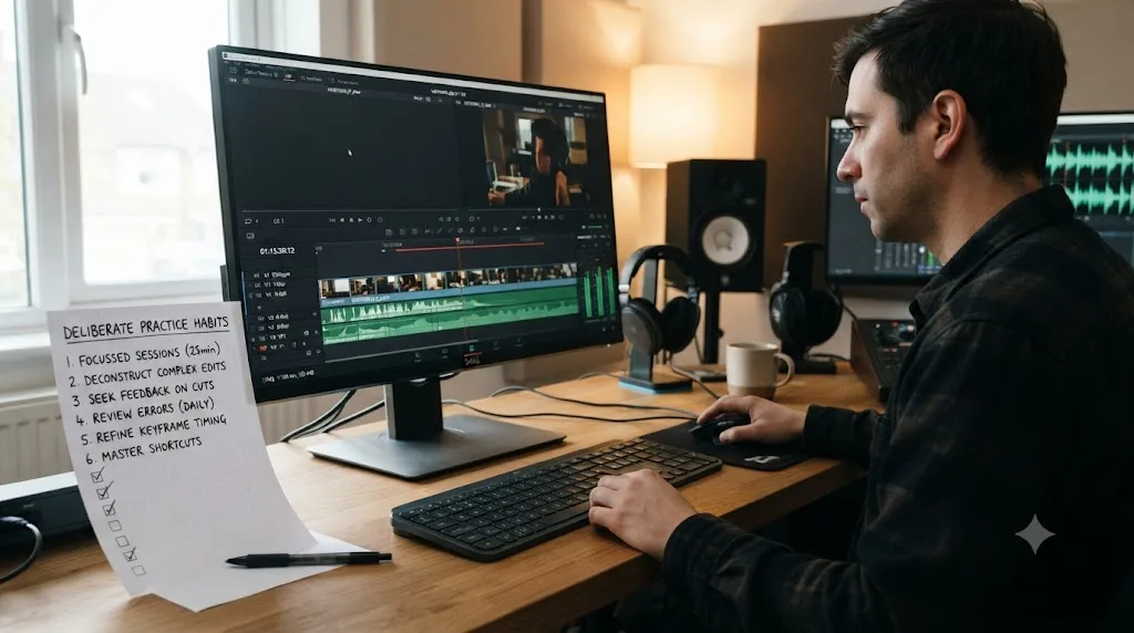Illustration of a deliberate practice checklist next to a DaVinci Resolve editing timeline