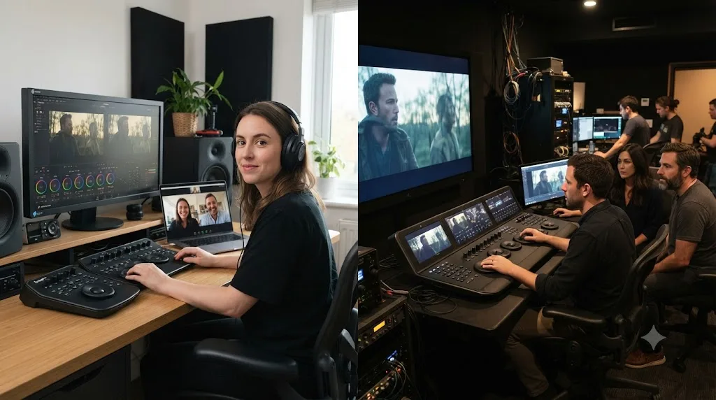 Illustration comparing a freelance colorist on a client call with a staff colorist working alongside teammates