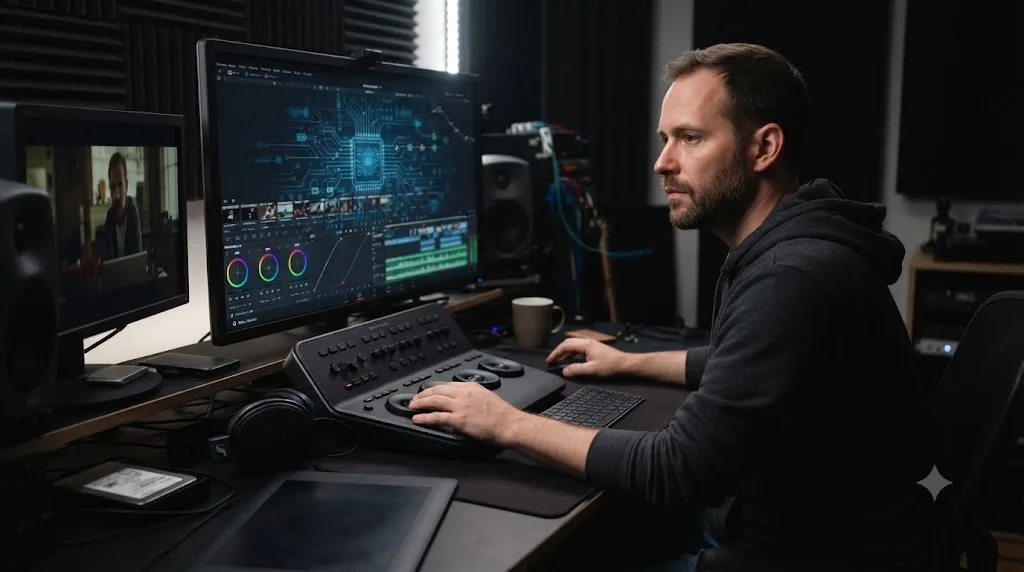 Illustration of an editor working at a DaVinci Resolve timeline with an AI pattern reflected on the screen