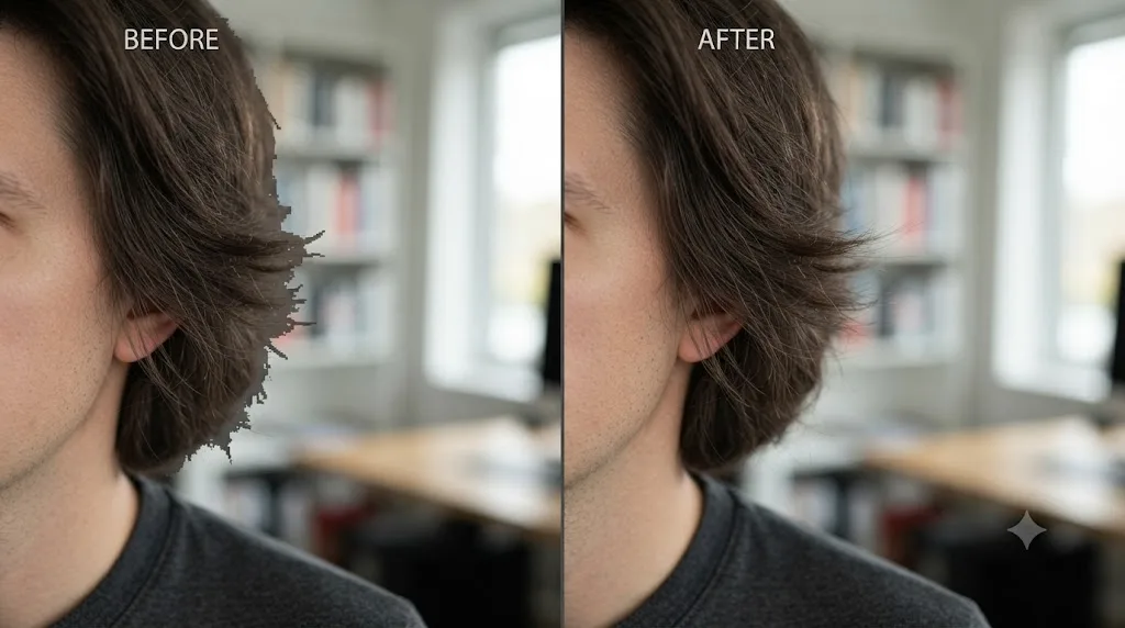 Illustration of a mask edge comparison showing hair detail before and after refinement adjustments