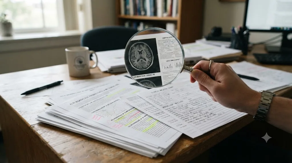 Illustration of a magnifying glass over a stack of research documents representing scrutiny of the underlying studies