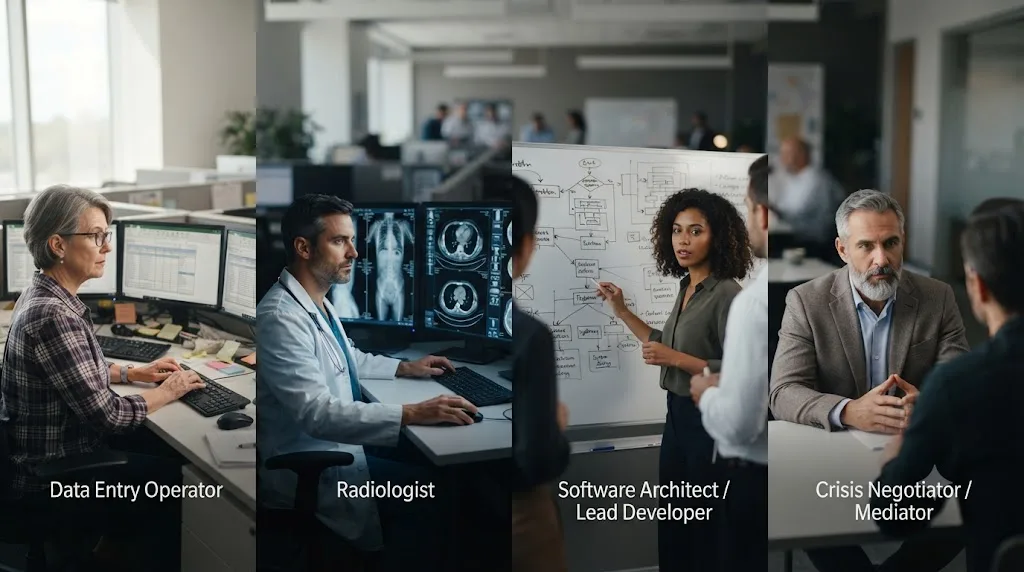 Illustration comparing different professional roles by their reliance on pattern recognition versus judgment