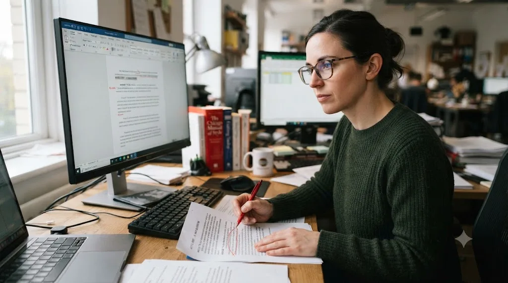 Illustration of an editor pausing to try a manual version of a task normally handled by AI as a self-check