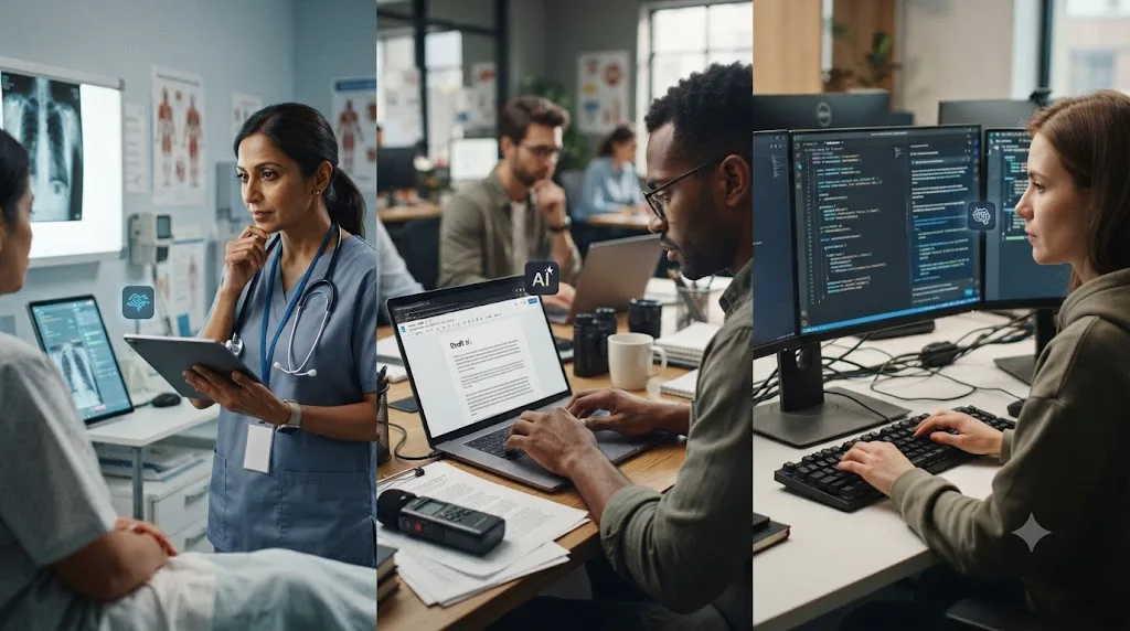 Illustration of a doctor, journalist, and software engineer each working alongside an AI assistant icon