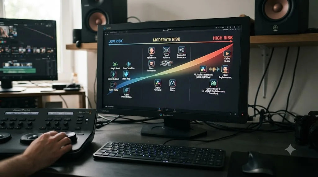 Illustration of DaVinci Resolve AI tools arranged along a spectrum from low to high skill-erosion risk