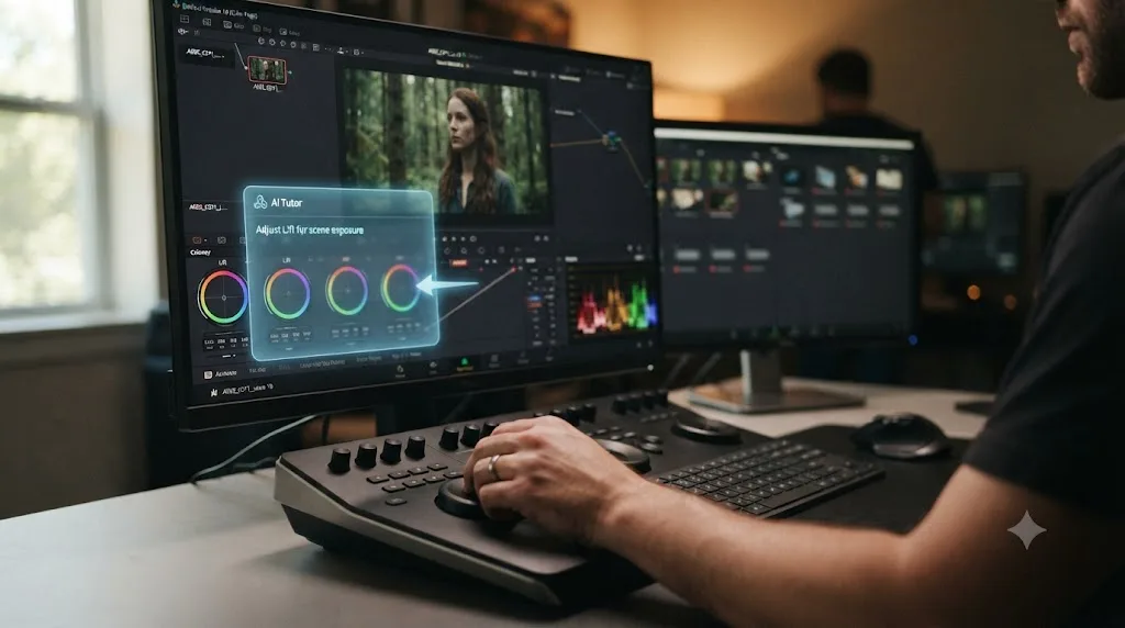 Illustration of an assistant overlay pointing at a control inside DaVinci Resolve while the editor's hand makes the actual adjustment