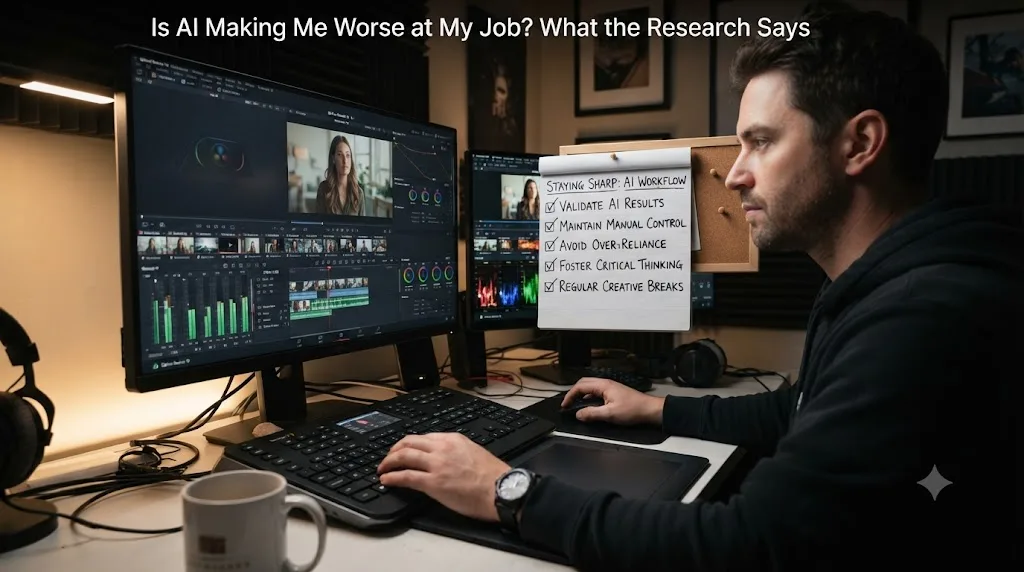 Illustration of a five-step checklist for staying sharp while using AI tools in DaVinci Resolve