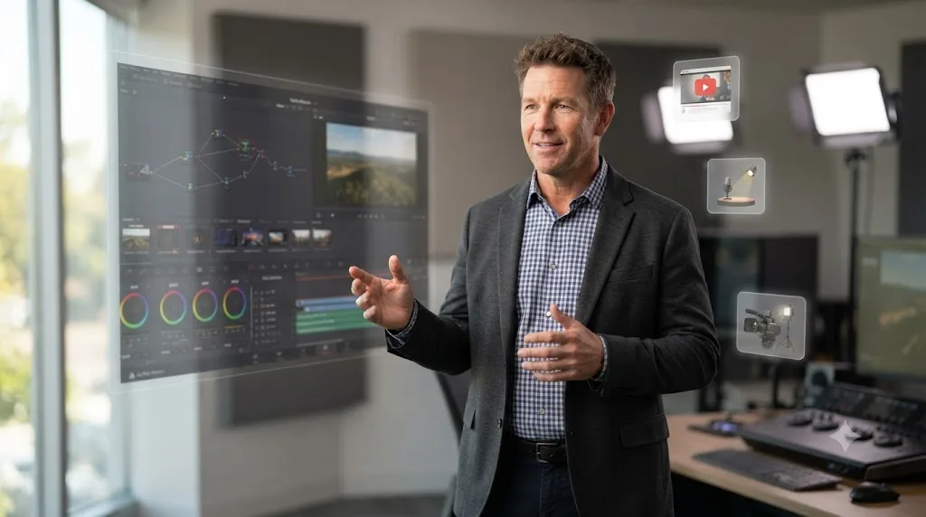 Illustration of an instructor figure standing in front of a DaVinci Resolve interface with icons representing teaching, conferences, and production work