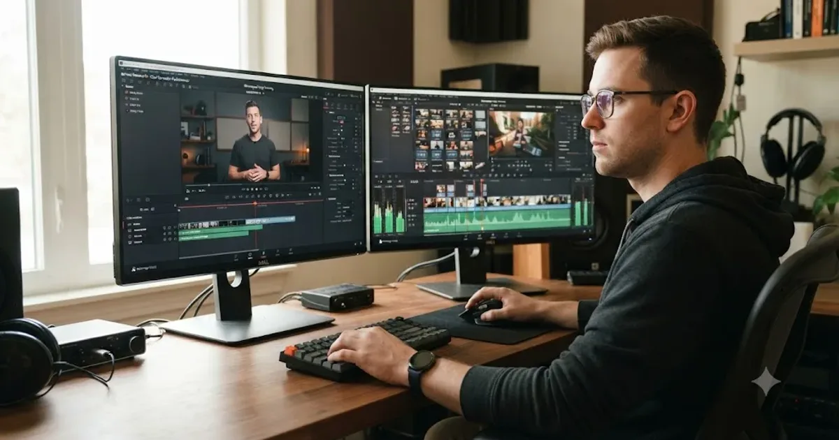 Illustration of a split scene showing a person watching a paused DaVinci Resolve course video on one screen and working inside a live timeline on another